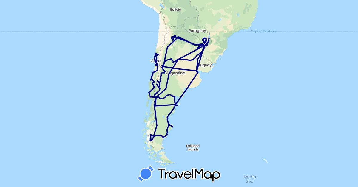 TravelMap itinerary: driving in Argentina, Chile, Paraguay (South America)